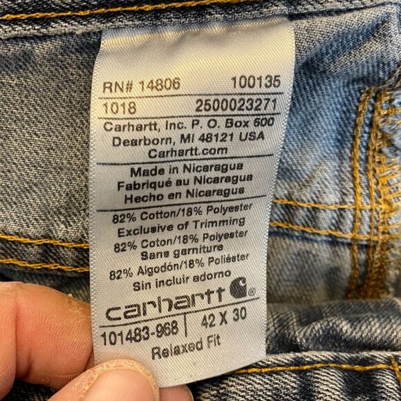 Carhartt Mens Carpenter Jeans 42x24 Relaxed Fit Denim Blue Cotton Blend Workwear - Picture 3 of 16